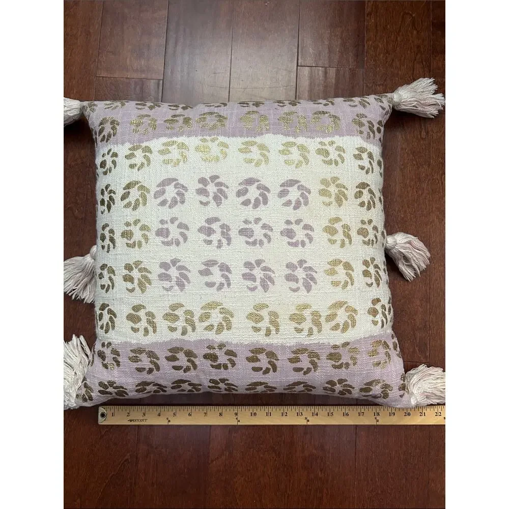 Anthropologie Large Boho Metallic Gold and Lavender Tasseled Pillow, 20”x20”